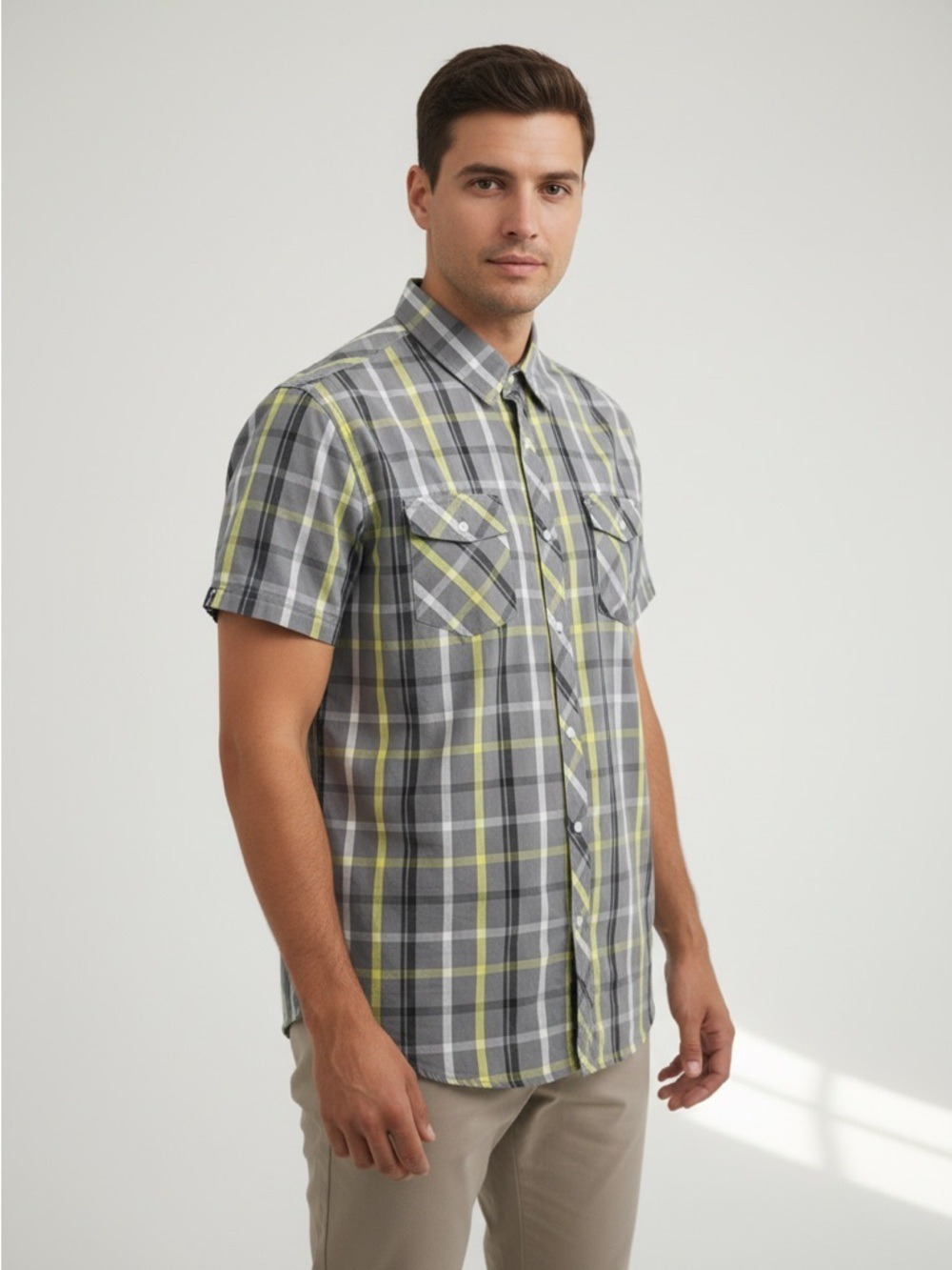 Hart and Huntington Vintage Plaid Button Down Shirt Grey Neon Yellow XL Moto Y2K